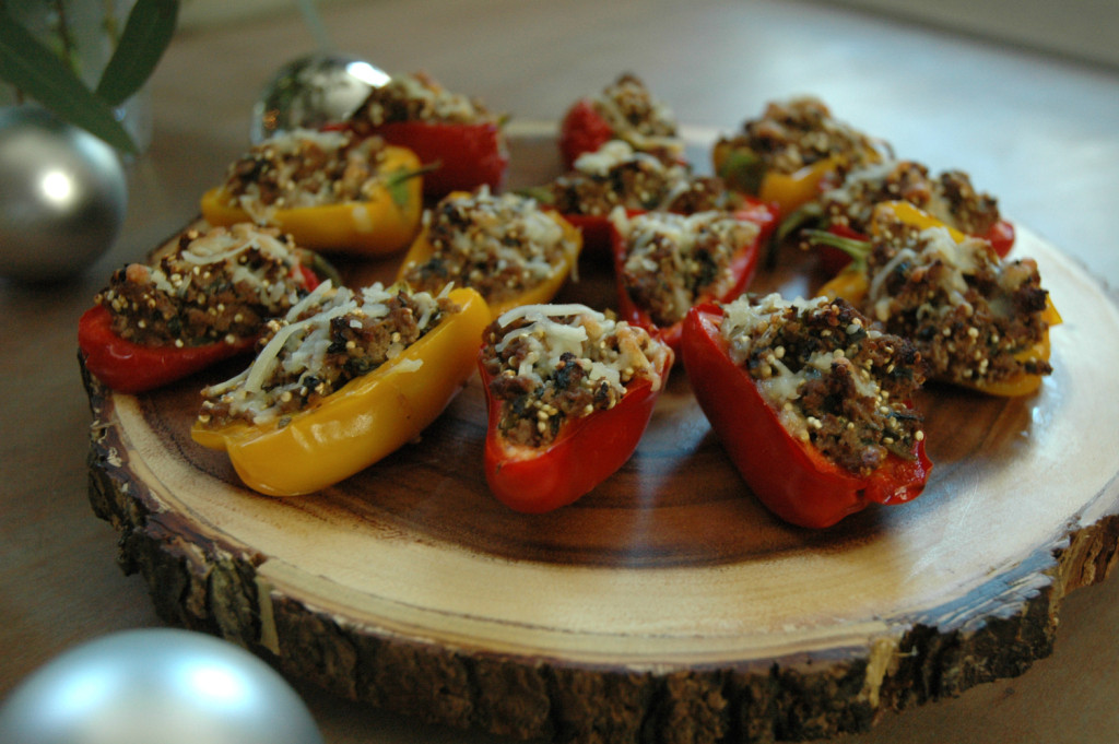 Tree-Trimming-Party-Appetizer-Mini-Stuffed-Peppers-with-Beef-and-Couscous-AnAppealingPlan-by-KraylFunch-FLCattleWomen-place-peppers-on-a-wood-slab