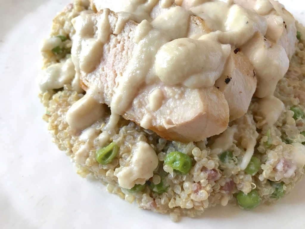 Katie's Full Plate: Chicken "Alfredo" with Quinoa, Pancetta & Peas